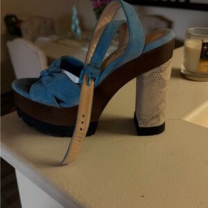 lola Blue Suede Platform Slingback Sandals with Textured Block Heel